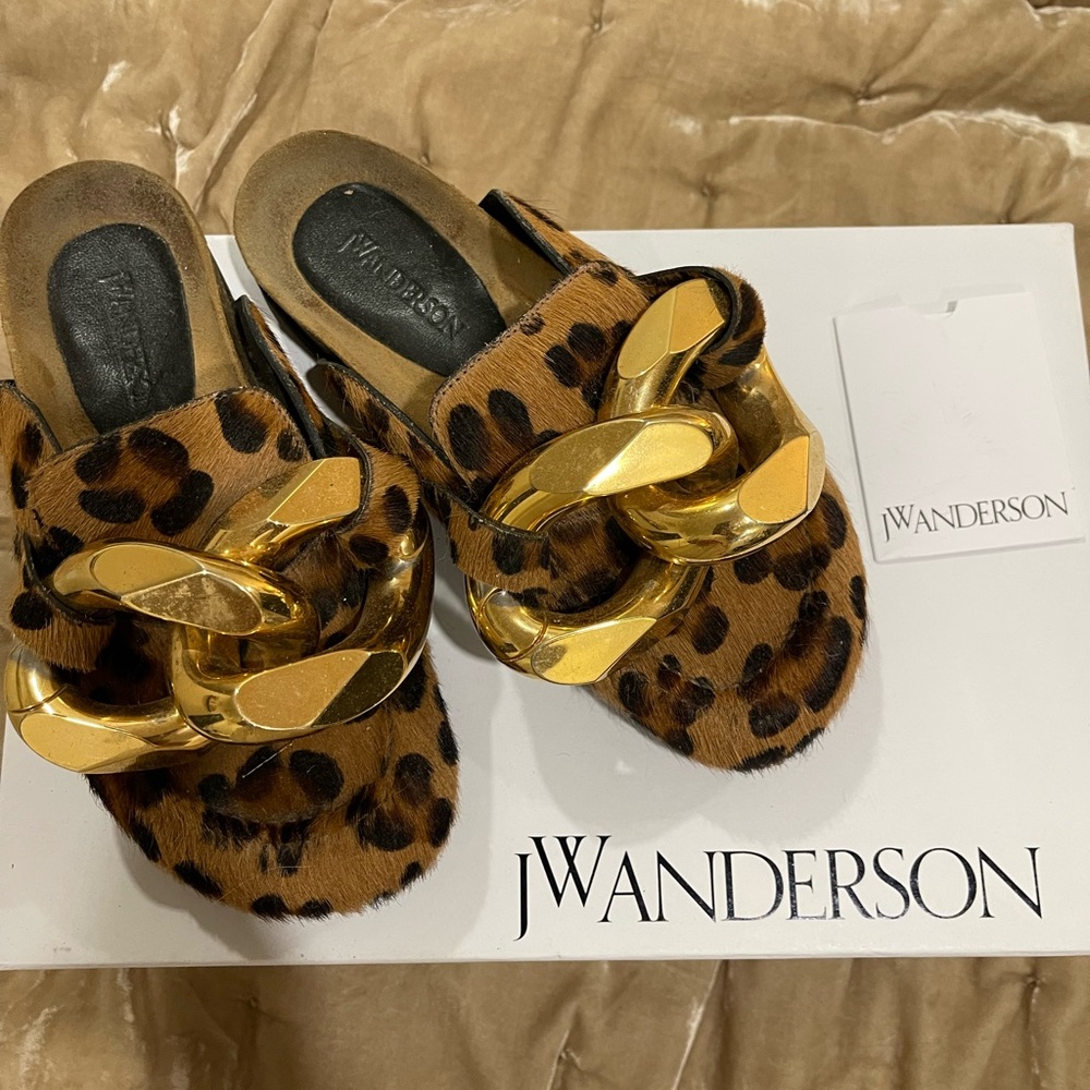 JW Anderson Animal Print Mules with Gold Chains